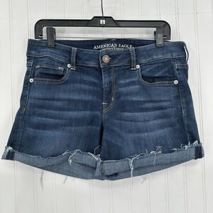 American Eagle Shorts Womens 14 Midi Blue Jean Denim Super Stretch Distress Fray